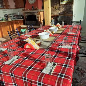 einen Tisch mit einem roten und weißen karierten Tischtuch in der Unterkunft Айрови in Sarnitsa