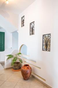 a room with a large vase on the wall and a plant at Dilina Studios in Arkasa
