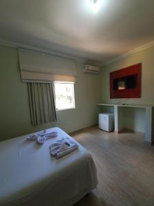 1 dormitorio con cama, ventana y TV en Pousada Brisas da Serra, en Serra do Cipo