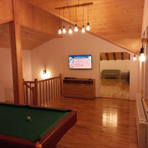 a living room with a pool table and a tv at Vila Cedra in Predeal