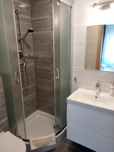 La salle de bains est pourvue d'une douche et d'un lavabo. dans l'établissement Villa Selavi, à Kołobrzeg