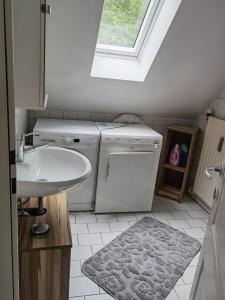 a bathroom with a sink and a washing machine at Ferienwohnung Eckberger Weinstrasse 139 in Gamlitz