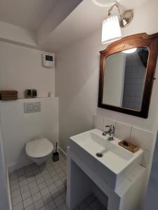 ein Badezimmer mit einem Waschbecken, einem WC und einem Spiegel in der Unterkunft Les Dunes in Bréhal