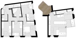Načrt razporeditve prostorov v nastanitvi Betariel Apartments S22