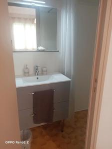 La salle de bains est pourvue d'un lavabo et d'un miroir. dans l'établissement Le petit Cosy, à Saint-Laurent-de-la-Salanque