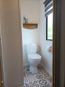 a white toilet in a bathroom with a window at Domek KAMA in Giżycko