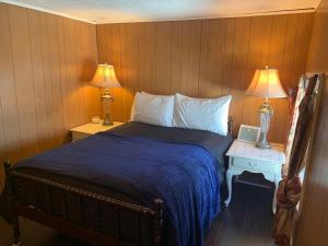 een slaapkamer met een bed en twee lampen op tafels bij The Navy in Oswego