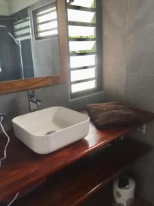 a white sink on a wooden counter in a bathroom at Fare Anuanua in Haapiti