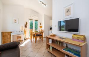 a living room with a flat screen tv on a wall at Dadić Apartments in Bibinje