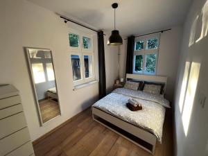 a bedroom with a bed and a mirror at Central Apartment in Bydgoszcz