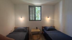 2 Betten in einem Zimmer mit einem Fenster und einem Tisch in der Unterkunft House in the pines in Sutomore