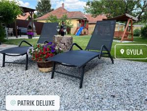 two chairs and a picnic table in a yard at Patrik Deluxe in Gyula
