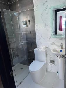 uma casa de banho com um chuveiro, um WC e um lavatório. em 3bed Apartment con Terraza y Picsina privada em Santo Domingo