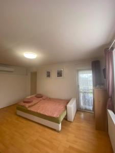 バラトンギュルクにあるDóra Apartmanの窓付きの部屋にベッド付きのベッドルーム1室があります。