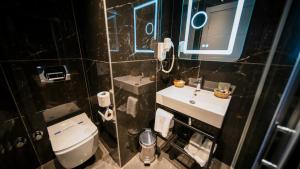 a bathroom with a toilet and a sink and a mirror at Sea Palm Otel Yalıkavak in Yalıkavak