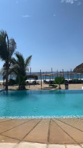 une grande piscine bleue à côté de la plage dans l'établissement Condominio Agave del Mar, à Coyuca