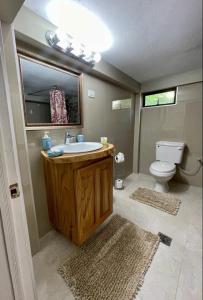 a bathroom with a sink and a toilet at Castara Inn in Castara