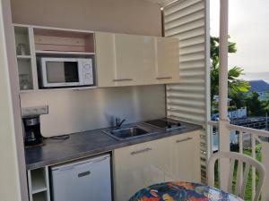 a kitchen with a sink and a microwave on a balcony at appartement spacieux vue sur mer in La Trinité