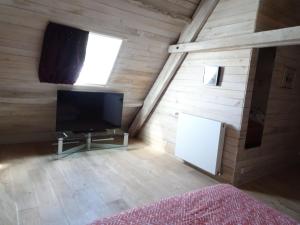 a living room with a television and a wall at Manor in Cotentin with Historic Charm in Saint-Lo-dʼOurville