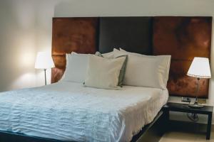 una camera da letto con un letto con cuscini bianchi e 2 lampade di ARMONIA 408 APARTMENT IN GAZCUE a Santo Domingo