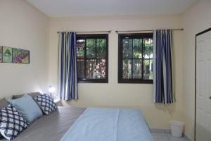 a bedroom with a bed and two windows at Apartamento San Carlos in Sonzacate