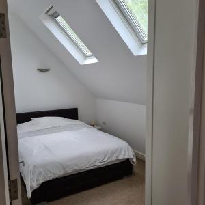 a bedroom with white walls and a bed with skylights at 2-Bed Loft Apartment for 5ppl with private parking in Beckenham