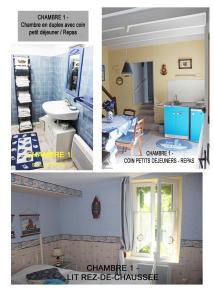 un collage de tres fotos de una habitación en Chez Martine et Bernard, en Saint-Vincent-Sterlanges