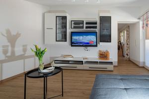 a living room with a tv on a white wall at Appartment Lechner in Neukirchen am Großvenediger