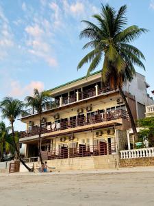 un edificio sulla spiaggia con una palma di Rosanna's Pension a El Nido