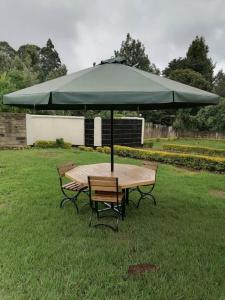 a picnic table with a green umbrella in the grass at The Meru Manor in Meru