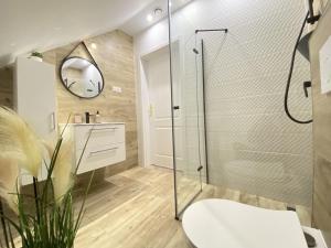 a bathroom with a glass shower and a toilet at Apt FIONA3 Centrum700m Parking Prywatny Bezpłatny in Karpacz