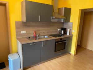 a small kitchen with a sink and a stove at Pension-Gästehaus Küblböck in Neualbenreuth