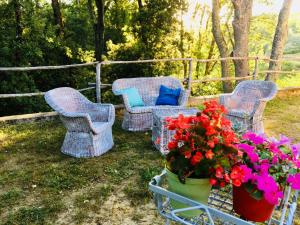 tres sillas de mimbre y una mesa con flores en un patio en Viva House, en Montaione