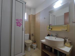 łazienka z umywalką, toaletą i lustrem w obiekcie Seaside house w mieście Vráchos +30 zdjęć