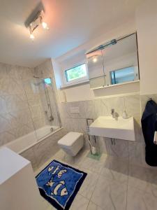 a bathroom with a sink and a toilet and a shower at FeWo zwischen Freiburg und Europa Park Rust nur 200m zur S-Bahn in Bahlingen