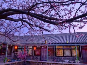 延庆县Beijing Badaling Great Wall Caos Courtyard Hostel 1VIP service 2Ancient style Chinese yard 3 only 15 minutes walk to the Badaling Great Wall 4 be your free advisor 5 offer private guided tour 6 experience local food and culutre的前面有樱树的建筑