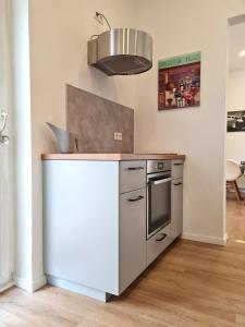 Burgunder - helle und ruhige Wohnung in Uninähe في ماينز: مطبخ مع كونتر مع موقد الفرن العلوي