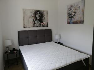 1 cama en un dormitorio con una foto en la pared en Apartment Punta Skala, en Petrčane