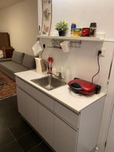 una cocina con fregadero y un aparato rojo en una encimera en Pleasant Loft Apartment In The Heart Of Tel-Aviv en Tel Aviv