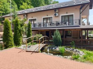 a house with a pond in front of it at Vila Tisa in Tismana