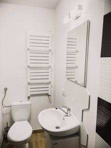 a white bathroom with a toilet and a sink at Noclegi Studio Masażu in Włodawa