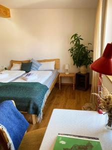 a bedroom with a bed and a table with a lamp at Gasthaus Canow in Wustrow