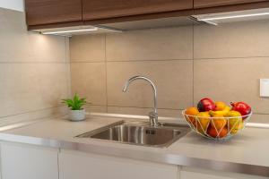 - un comptoir de cuisine avec un évier et un bol de fruits dans l'établissement 32 nero - Florence Apartment San Niccolò, à Florence