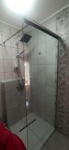a shower with a glass door in a bathroom at Apartament un dormitor și living la curte Corbu in Corbu