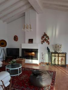 sala de estar con sofá y chimenea en Monte Vale Manhãs by Hi Alentejo, en São Bartolomeu da Serra