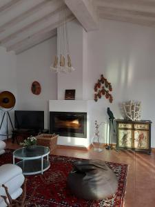 ein Wohnzimmer mit einem Sofa und einem Kamin in der Unterkunft Monte Vale Manhãs by Hi Alentejo in São Bartolomeu da Serra