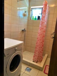 a bathroom with a shower with a washing machine at Home in Banja Luka- Vikendica za iznajmljivanje in Banja Luka