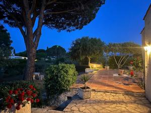 un jardín por la noche con un árbol y flores en Villa-Golfe de Saint-Tropez/Accès plage privée, en Grimaud