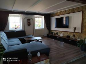 a living room with a couch and a flat screen tv at Ubytování Naděje in Klec