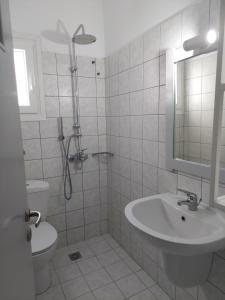 a bathroom with a shower and a sink and a toilet at Styfilia Beachfront Apartment - First Floor in Platis Gialos